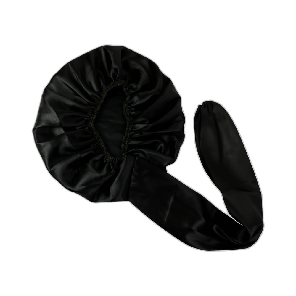 Touca difusora Marilú em cetim preto com elástico ajustável